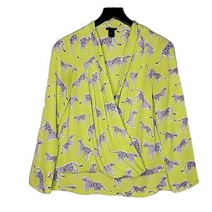 Ann Taylor Faux Wrap Crossover Blouse Neon Green Cheetah Print V-Neck XSP